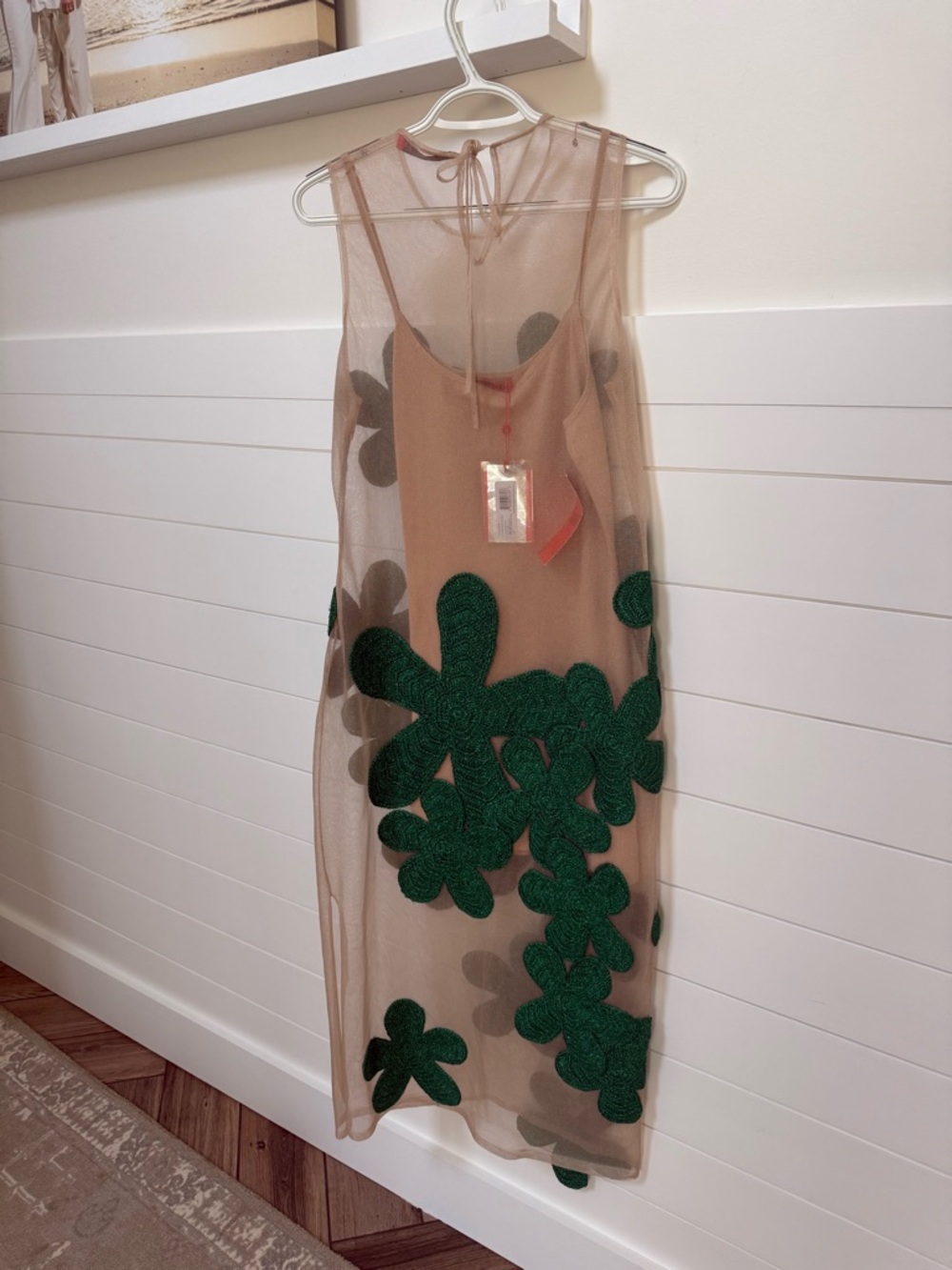 Simon Miller Nude Sheer Midi Dress with Green Floral Appliqués - Picture 5 of 9